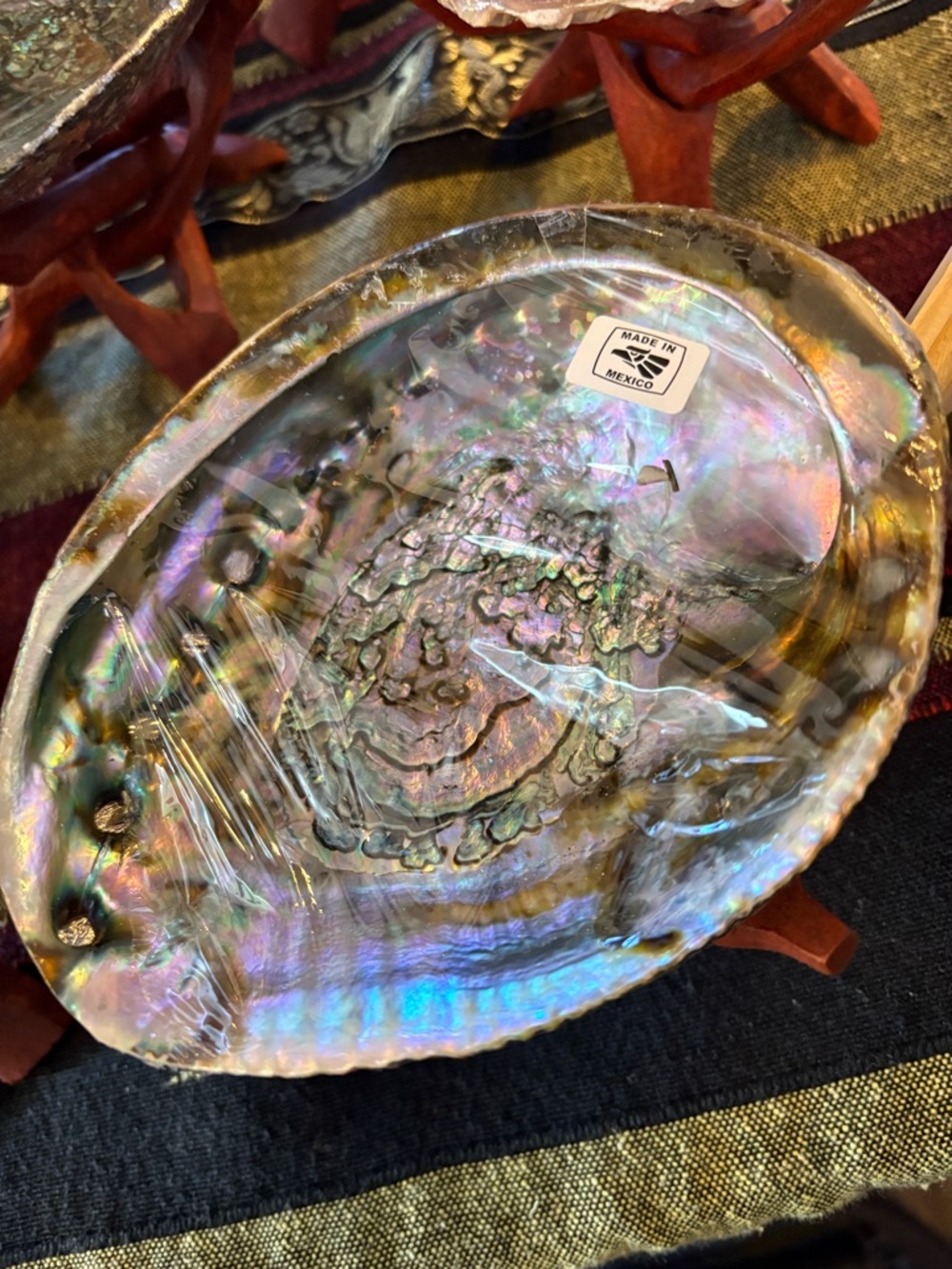 Small Iridescent Abalone Shell Decorative Bowl with Sage with Stand Bundle